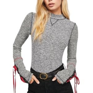 Free People Mountaineer Cuff Top Large Gray Red Lace Up Embellished Boho Layer